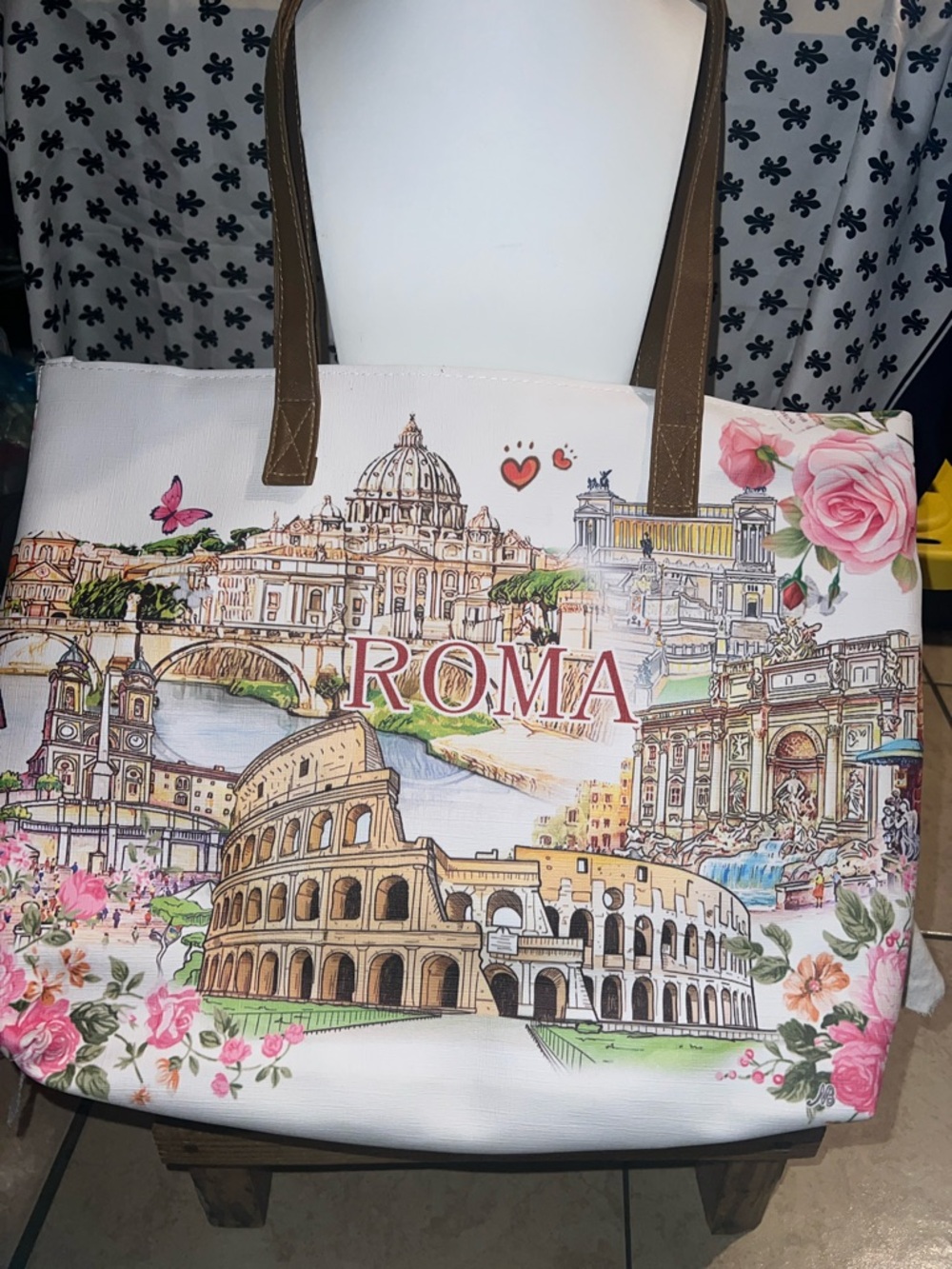 ROMA Illustrated Canvas Tote Bag with Floral Accents